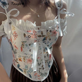 Sexy Designer Vintage Print Halter Tops Women Chic Bandage Floral Corset Shirts Female High Street Party Club Ladies Top